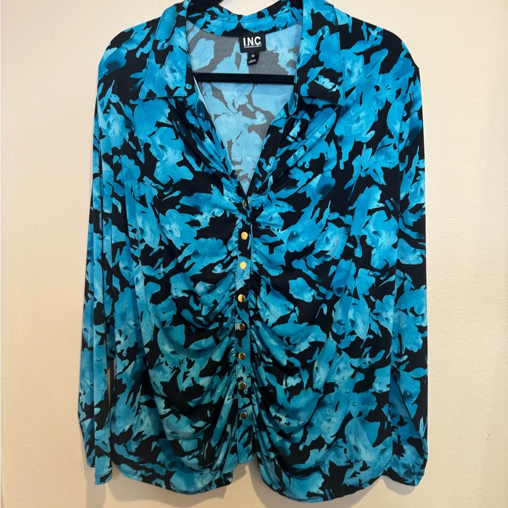 INC Women's Teal and Black Blouse with Cinched Button Center, Never Worn